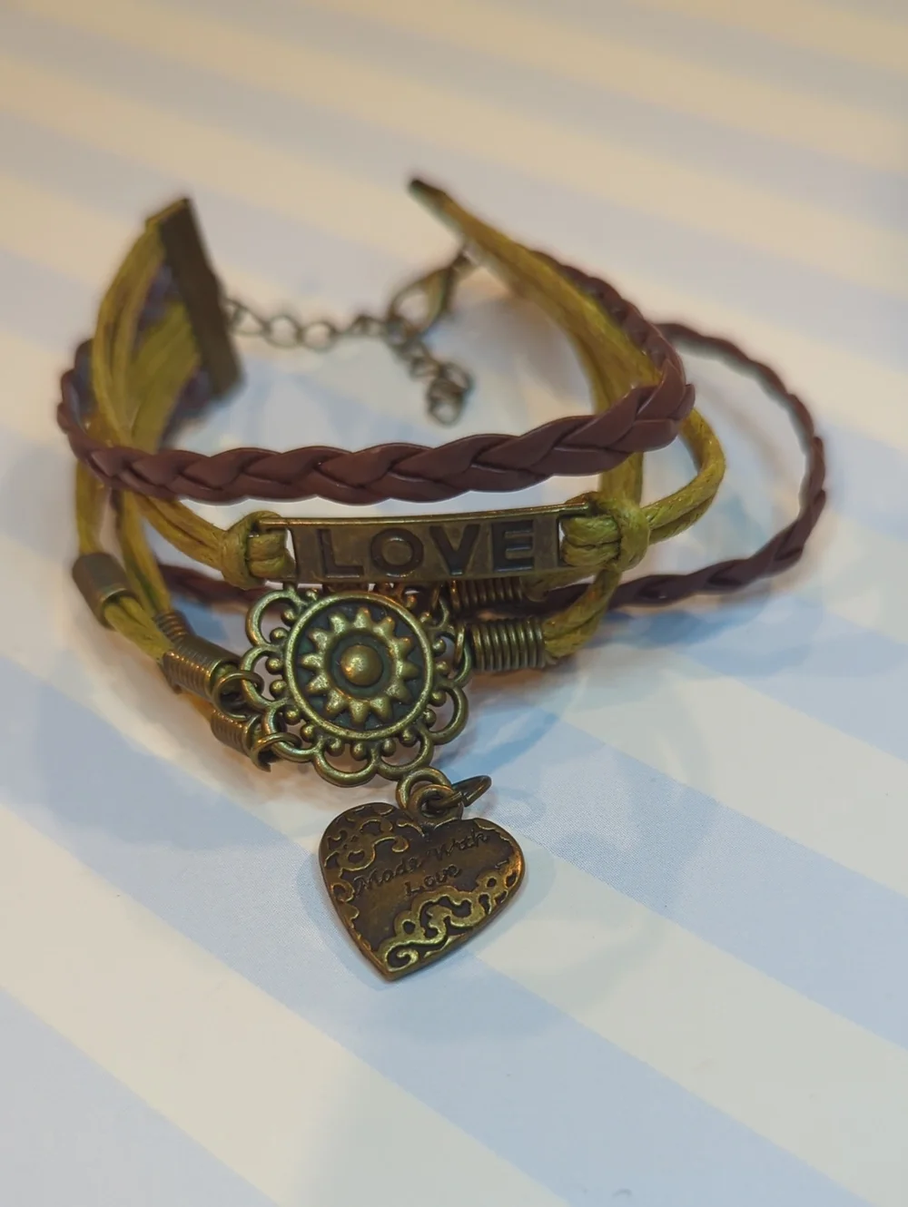 Brown Love Mandala Heart Braided Adjustable Bracelet Boho Stacking Stackable